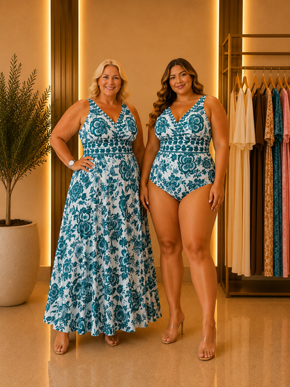 Floral Ruched Mesh Maxi Dress – 2-Piece Set | Plus Size