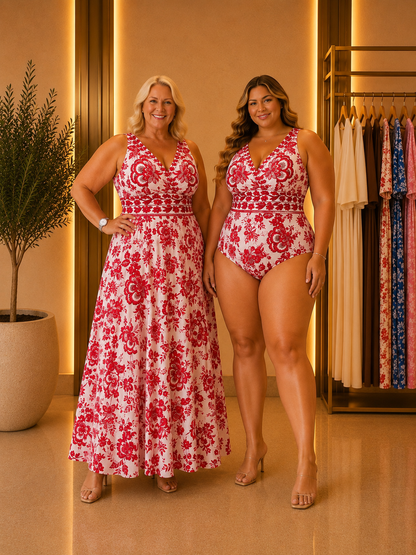 Floral Ruched Mesh Maxi Dress – 2-Piece Set | Plus Size