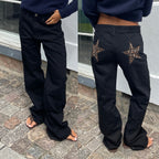 Women's Y2K Vintage Jeans Aesthetic Star Pattern Print Loose Straight Leg Denim Long Pants Casual Low Waist Trousers